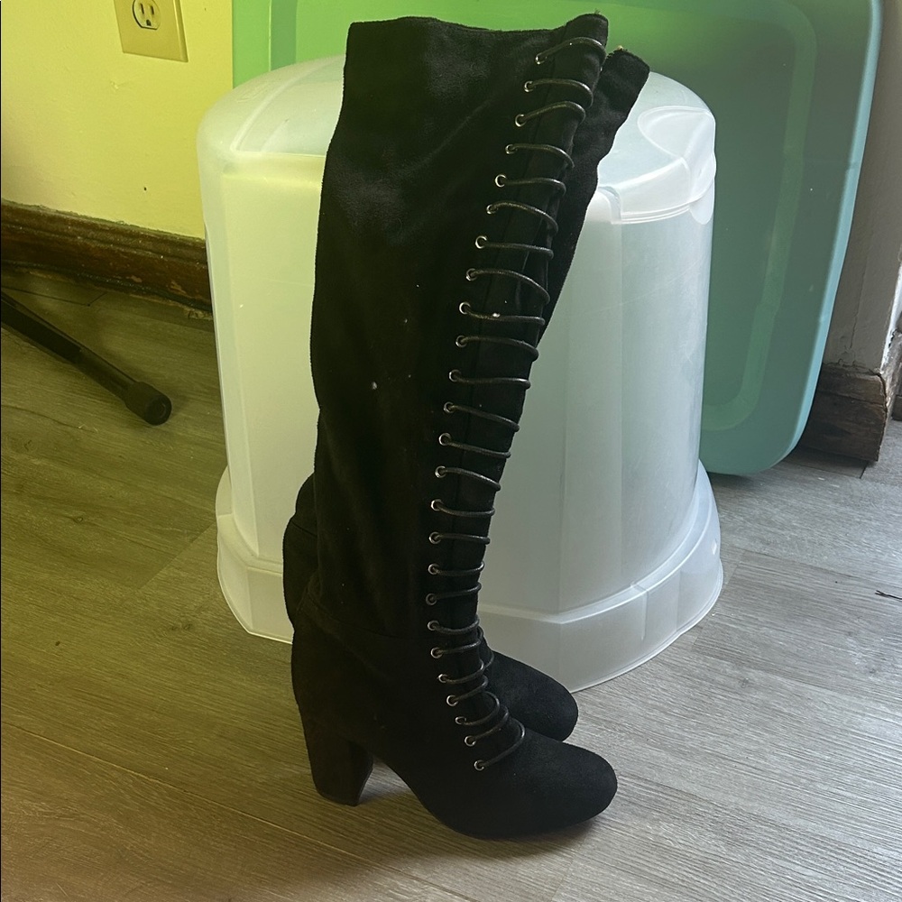 Cupid Black Over the Knee Lace-Up Boots